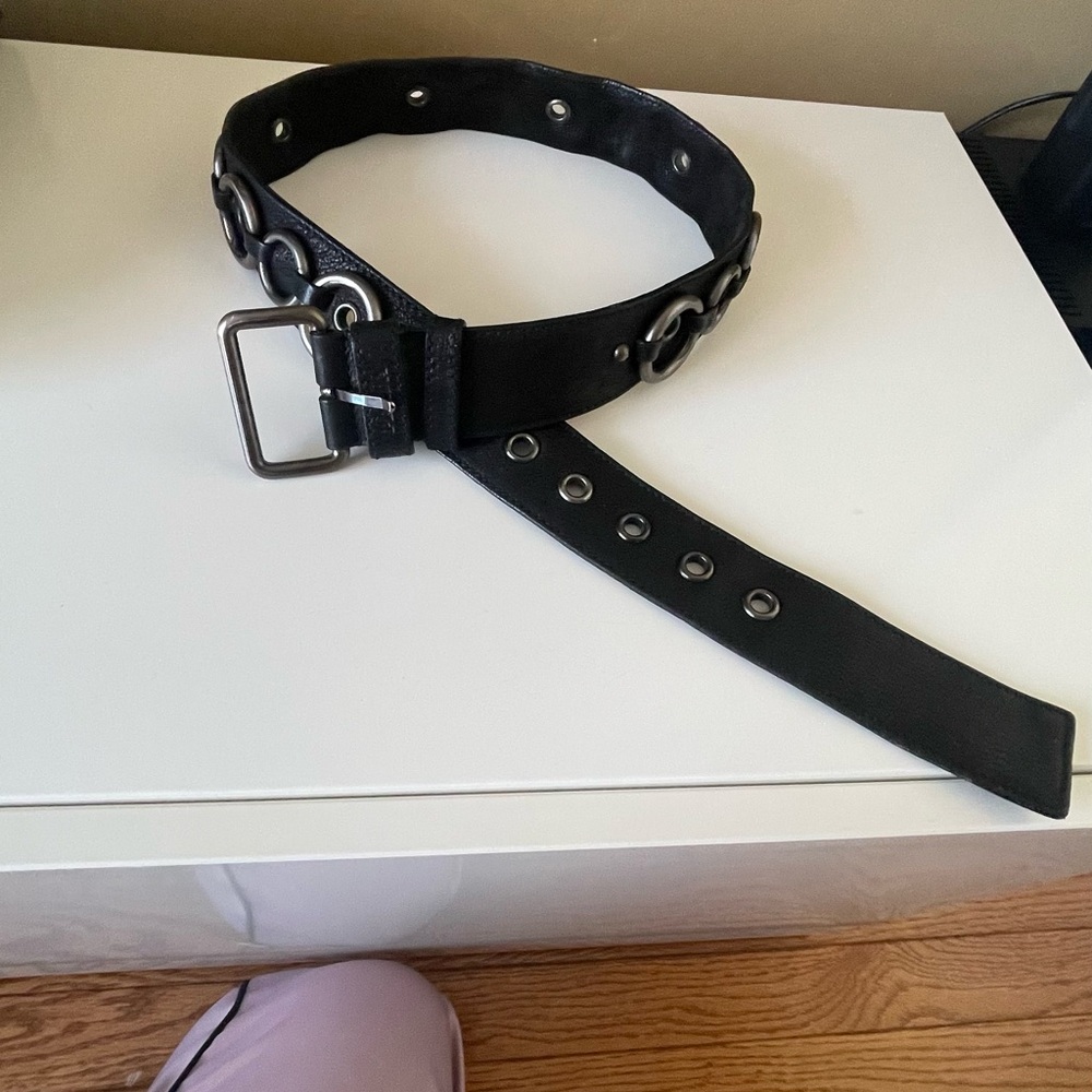 PRADA Black Leather Belt with Dark Silver Buckle and Metal Circle Accents - Picture 5 of 11